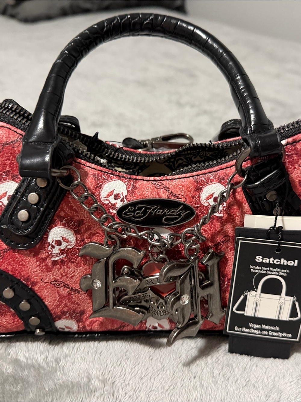 Ed Hardy Red Skull Print Satchel with Black Handles and Metal Charm